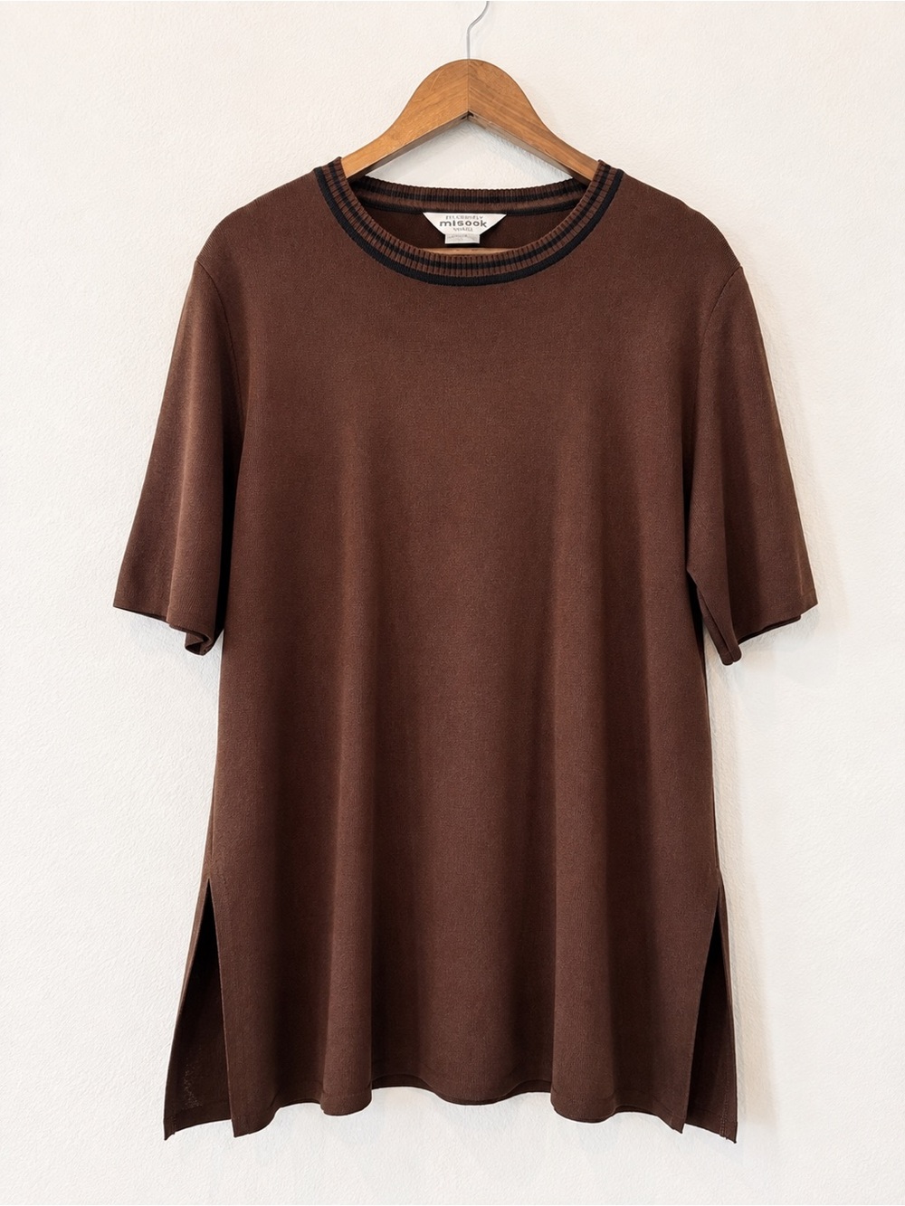Exclusively Misook XL Brown Knit Tunic Top Quiet Luxury Minimalist 90s Slit J48